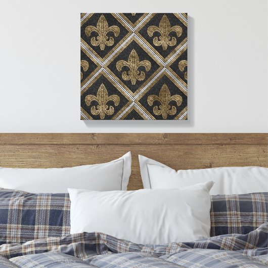 Toile Fleur-de-lis mosaic tile pattern black and gold (Insitu(Chambre))