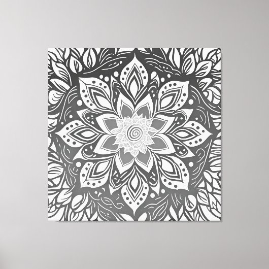 Toile Fleur Mandala en niveaux de gris en noir et blanc (Recto)