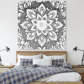Toile Fleur Mandala en niveaux de gris en noir et blanc (Insitu(Chambre))