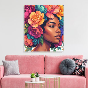 Toile Fleurir Femme Noire Inspirante Floral Afro de près