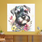 Toile Fleurs à l'aquarelle et chiot schnauzer (Insitu(Salon))