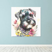 Toile Fleurs à l'aquarelle et chiot schnauzer (Insitu (Plancher de Bois))