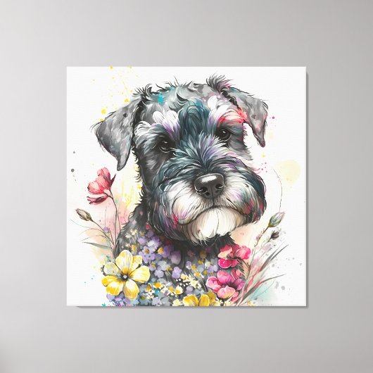 Toile Fleurs à l'aquarelle et chiot schnauzer (Recto)