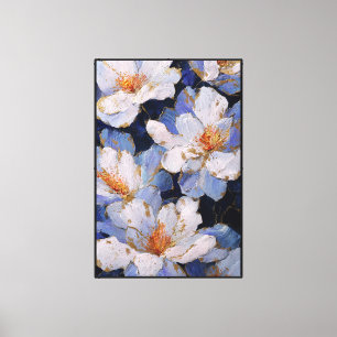 Toile Fleurs blanches avec accents bleus et dorés abstra