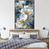 Toile Fleurs blanches avec centres dorés sur fond bleu – (Insitu(Chambre))