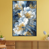Toile Fleurs blanches avec centres dorés sur fond bleu – (Insitu(Salon))