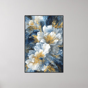 Toile Fleurs blanches avec centres dorés sur fond bleu –