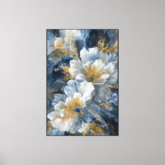 Toile Fleurs blanches avec centres dorés sur fond bleu – (Recto)