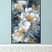 Toile Fleurs blanches avec centres dorés sur fond bleu – (Insitu (Plancher de Bois))