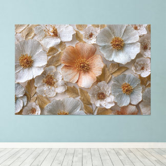 Toile Fleurs blanches, crème et dorées aux accents de pê