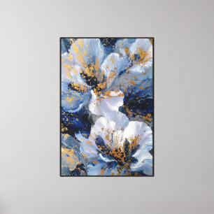 Toile Fleurs blanches et bleues avec éclaboussures d'or 