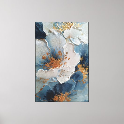 Toile Fleurs blanches et bleues texturées avec or   (Recto)
