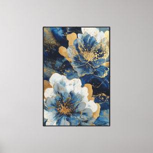 Toile Fleurs bleues et blanches avec des reflets dorés