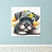 Toile Fleurs d'aquarelle et chiot Schnauzer (Insitu (Plancher de Bois))