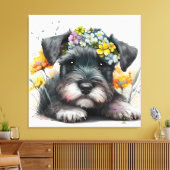 Toile Fleurs d'aquarelle et chiot Schnauzer (Insitu(Salon))