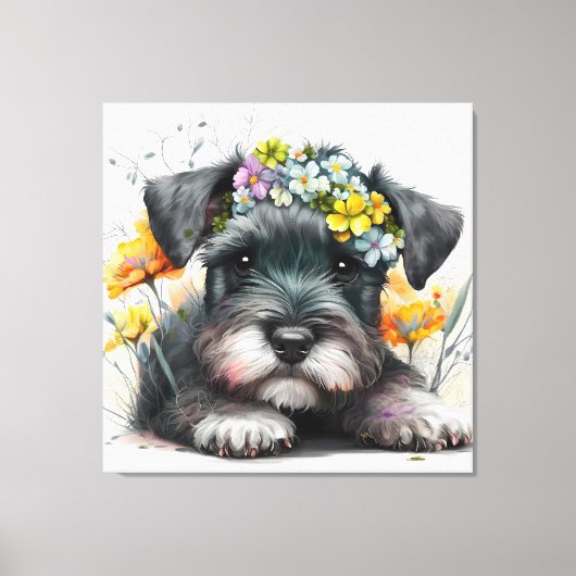 Toile Fleurs d'aquarelle et chiot Schnauzer (Recto)