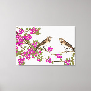Toile Fleurs de cerisier roses Oiseaux d'amour vintage