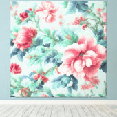 Toile Fleurs de Claret Rose, Feuilles Bleu Vert (Insitu (Plancher de Bois))