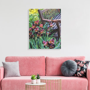 Toile Fleurs d'Iris et banc de jardin en fleurs