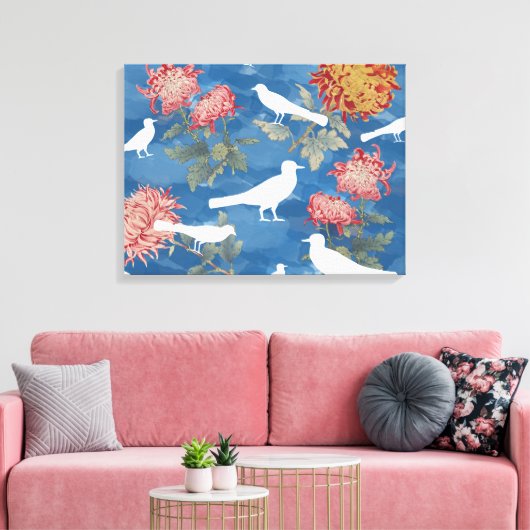Toile Fleurs et oiseaux à l'aquarelle bleue vintage (Insitu(Salon))
