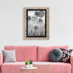 Toile Fleurs et tiges amusantes Noir-Blanc