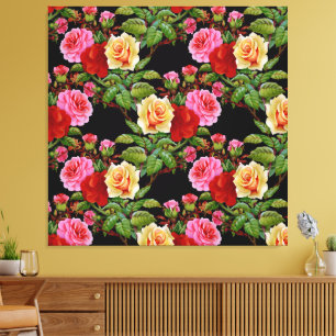 Toile Fleurs florales Roses rouge rose jaune vert