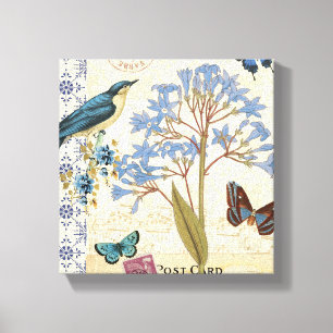 Toile Fleurs, papillons, et collage d'oiseau