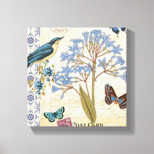 Toile Fleurs, papillons et collage d'oiseaux (Recto)