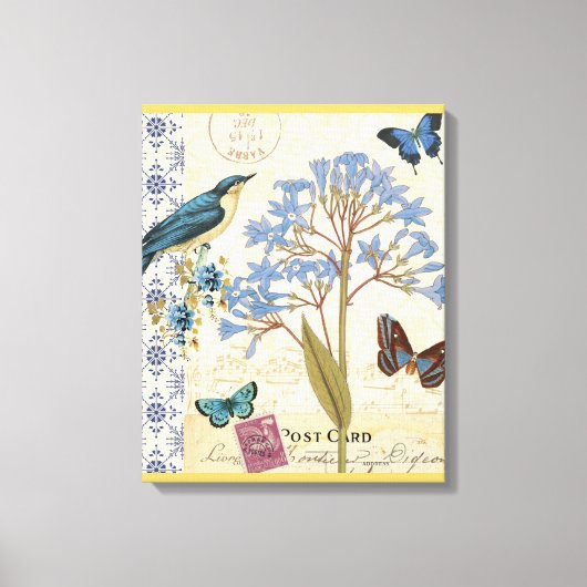 Toile Fleurs, papillons et collage d'oiseaux (Recto)