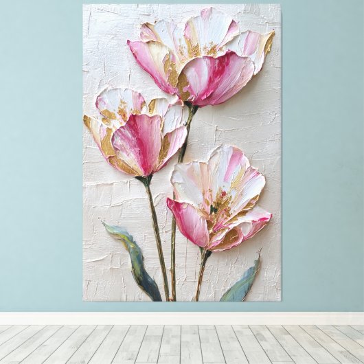 Toile Fleurs roses et blanches avec texture dorée abstra (Insitu (Plancher de Bois))