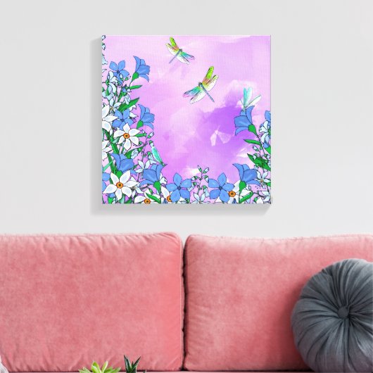 Toile Fleurs sur violet avec libellules (Insitu(Salon))