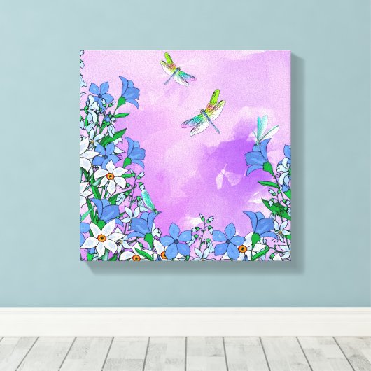 Toile Fleurs sur violet avec libellules (Insitu (Plancher de Bois))