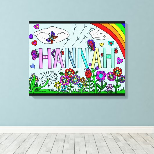 Toile Fleurs Whimsical et nom de la fille Hannah Wall Ar (Insitu (Plancher de Bois))