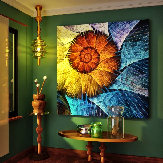 Toile Floral Orange Bleu Jaune Art Abstrait
