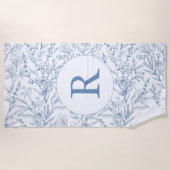 Toile Florale Bleu Monogramme Plage Serviette (Devant)