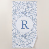 Toile Florale Bleu Monogramme Plage Serviette (Devant)