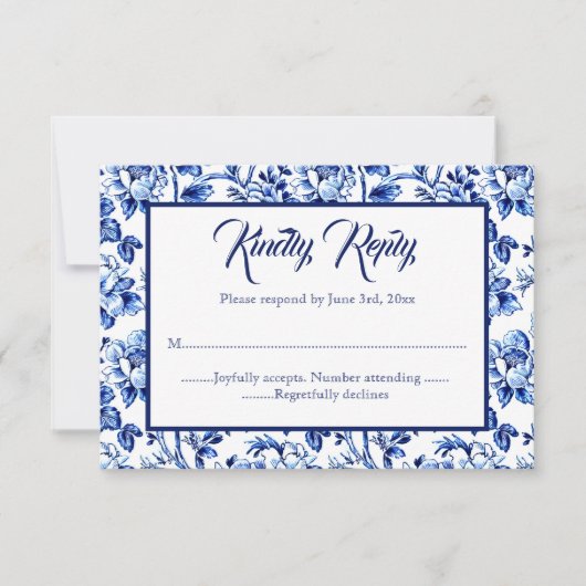 Toile Florale Bleue & Blanc Mariage Carte RSVP (Devant)