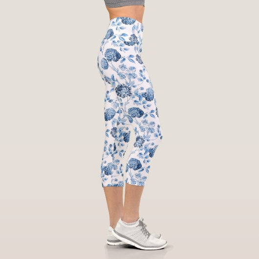 Toile Florale Bleue et Blanc Capri Leggings (Droite)