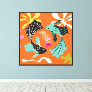 Toile Folkart Boho Pièces Poisson Zodiac Abstrait