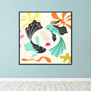 Toile Folkart Boho Pièces Poisson Zodiac Abstrait