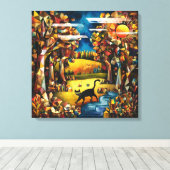 Toile Forêt d'automne cubiste avec rivière et prairie (Insitu (Plancher de Bois))