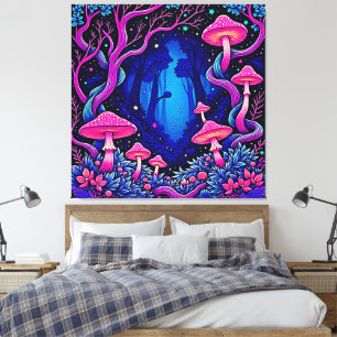 Toile Forêt de champignons roses néon Art