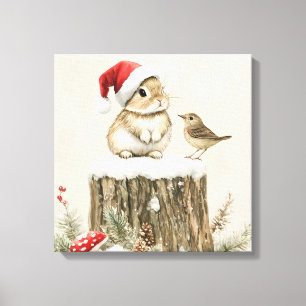 Toile Forêt enneigée Bois hivernal Noël Lapin Oiseau