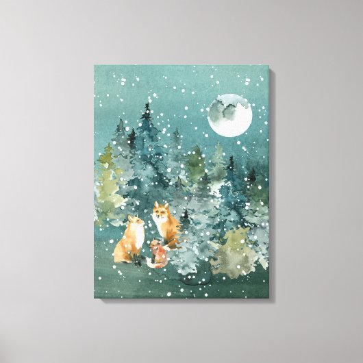 Toile Fox Family Forest Pleine lune Snowfall (Recto)