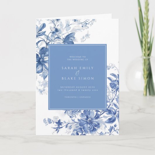 Toile Franse Blauwe Bloemen Gevouwen Trouwprogramm Programma (Voorkant)