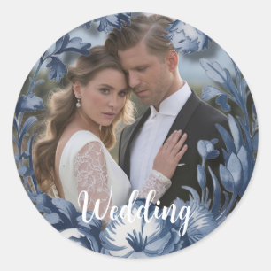 Toile Franse Blauwe Bloemen Huwelijk Ronde Sticker