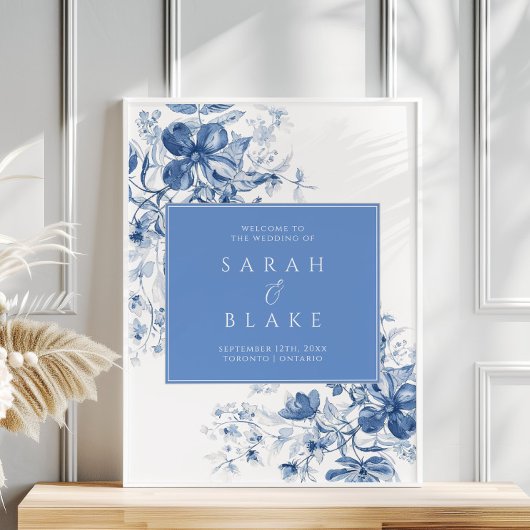 Toile French Blue Floral Wedding Welkom Poster