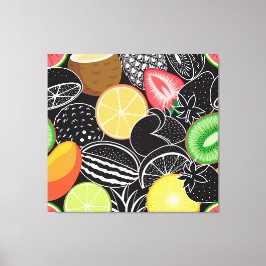 Toile Fruits tropicaux colorés, fond noir. (Recto)