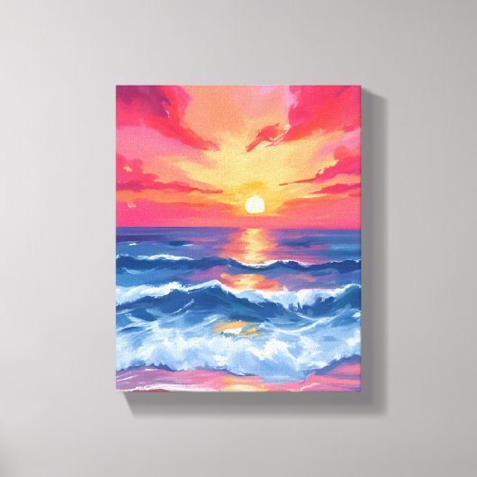 Toile Fuchsia Shore Sunset | Ocean Waves Watercolor (Recto)