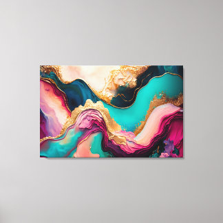 Toile Fuchsia, violet, marbre Turquoise & or Art Abstrai